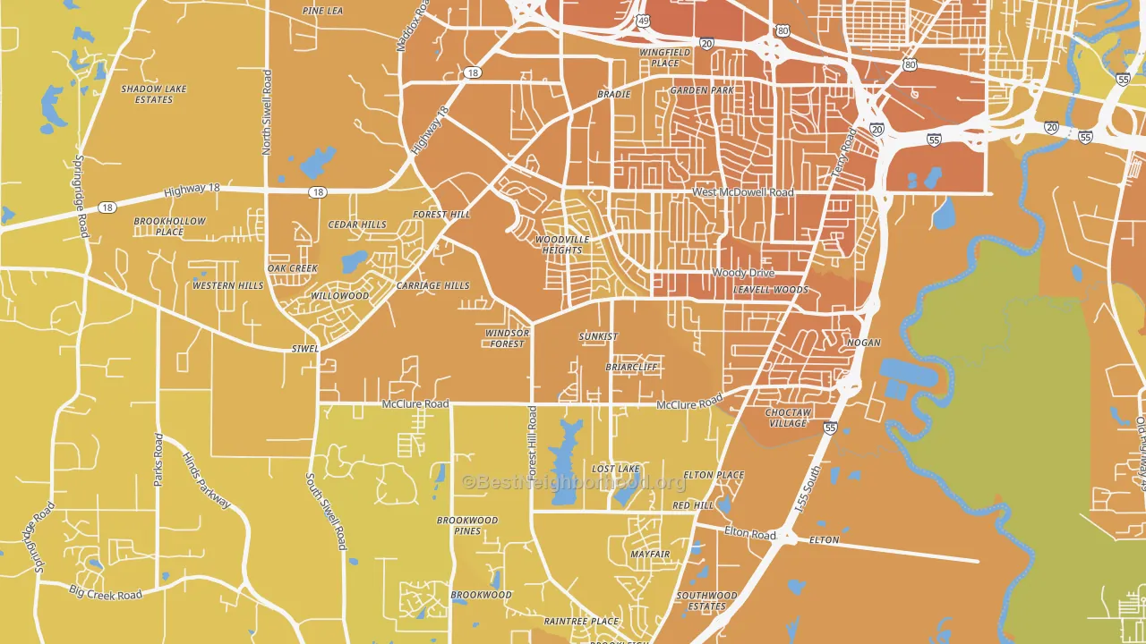 Map of the best neighborhoods in the 39212 area, with better matches in green and worse matches in red