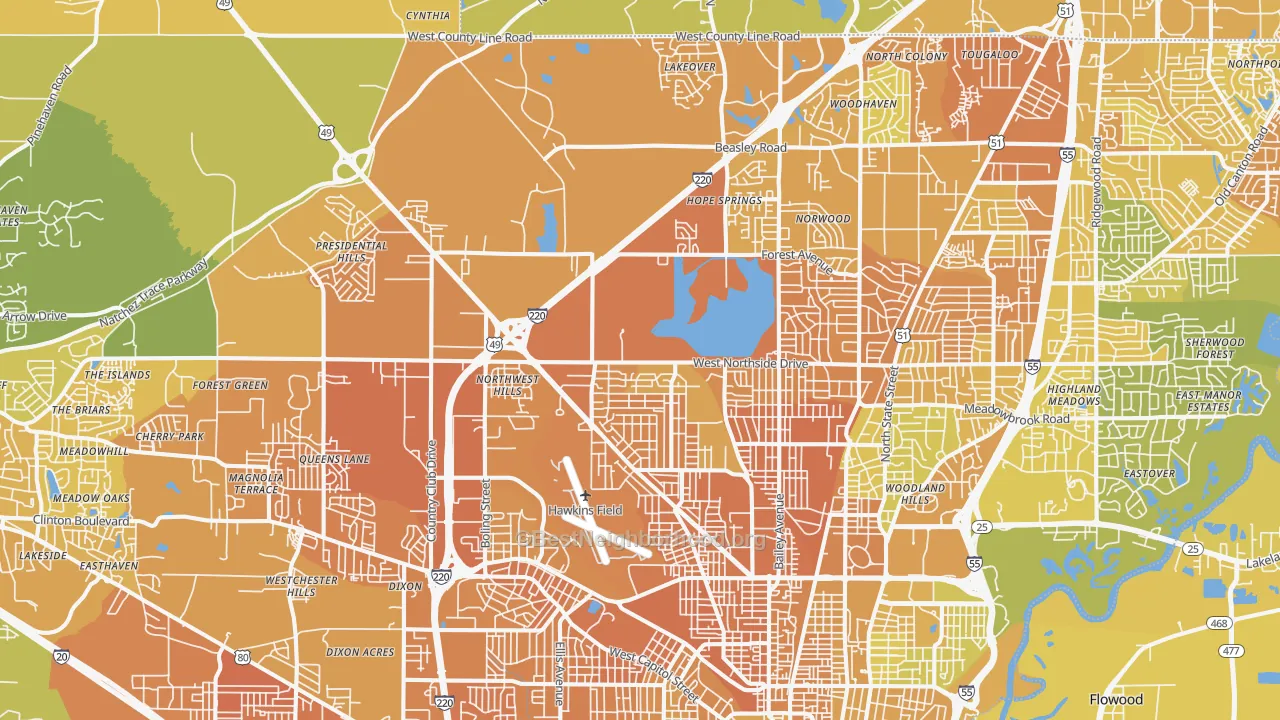 Map of the best neighborhoods in the 39213 area, with better matches in green and worse matches in red