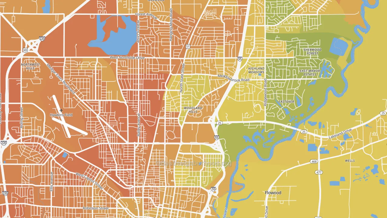 Map of the best neighborhoods in the 39216 area, with better matches in green and worse matches in red