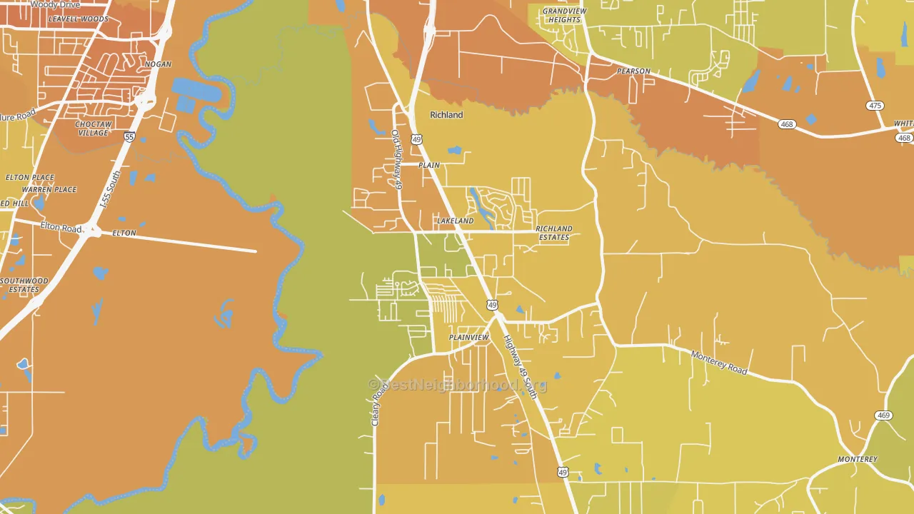 Map of the best neighborhoods in the 39218 area, with better matches in green and worse matches in red