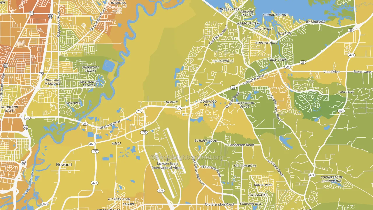 Map of the best neighborhoods in the 39232 area, with better matches in green and worse matches in red