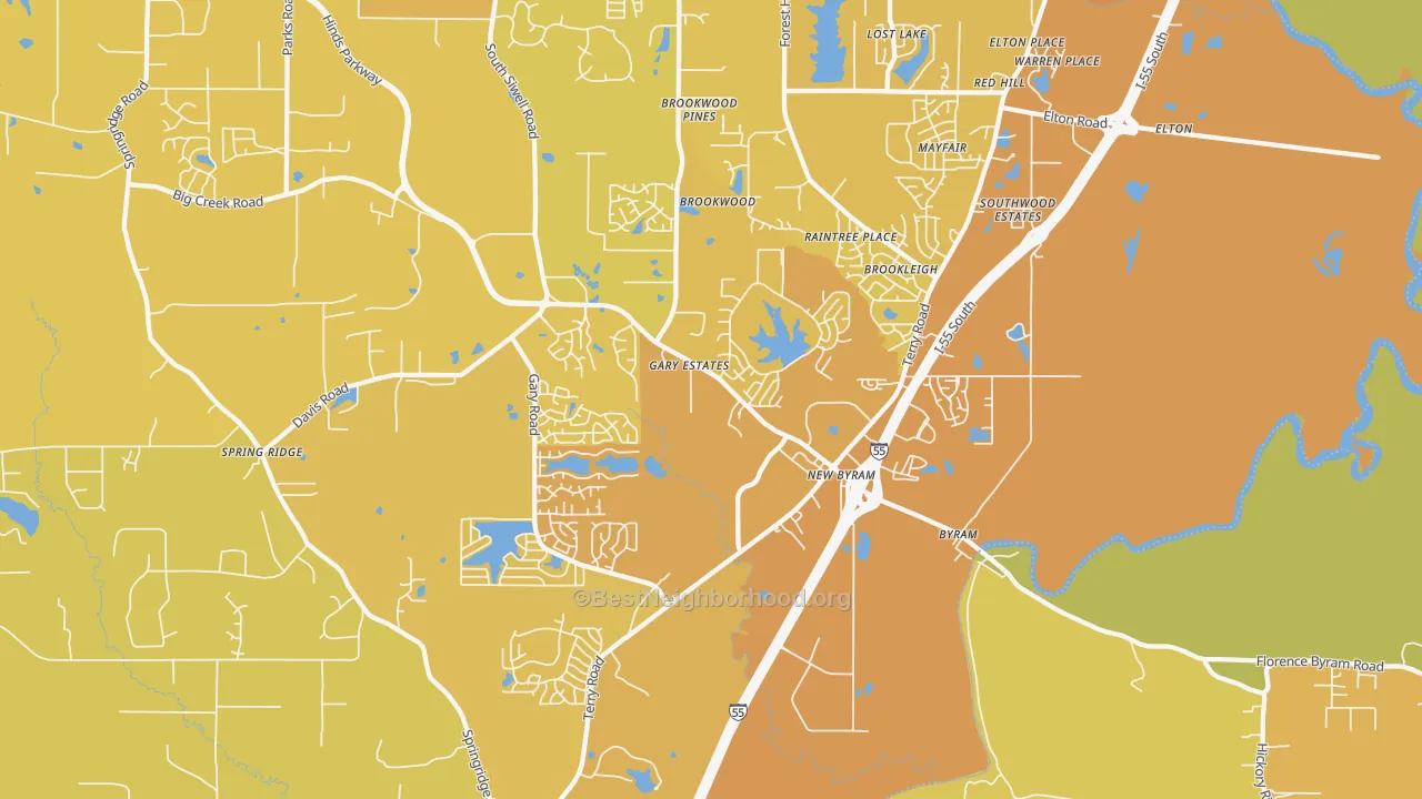 Map of the best neighborhoods in the 39272 area, with better matches in green and worse matches in red