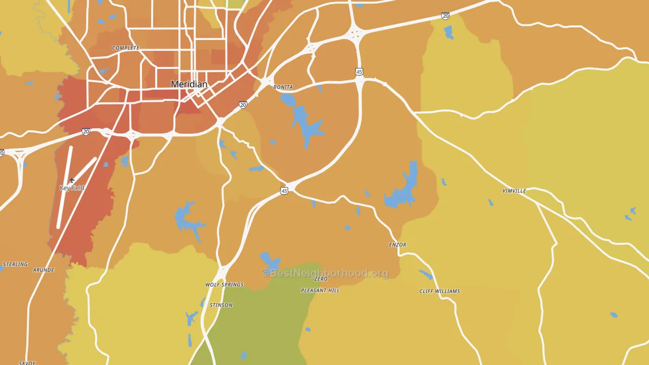 Map of the best neighborhoods in the 39301 area, with better matches in green and worse matches in red