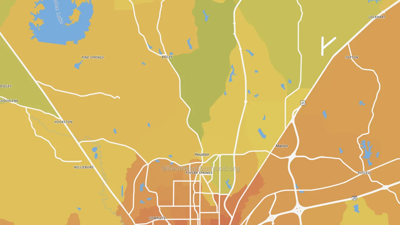 Map of the best neighborhoods in the 39305 area, with better matches in green and worse matches in red
