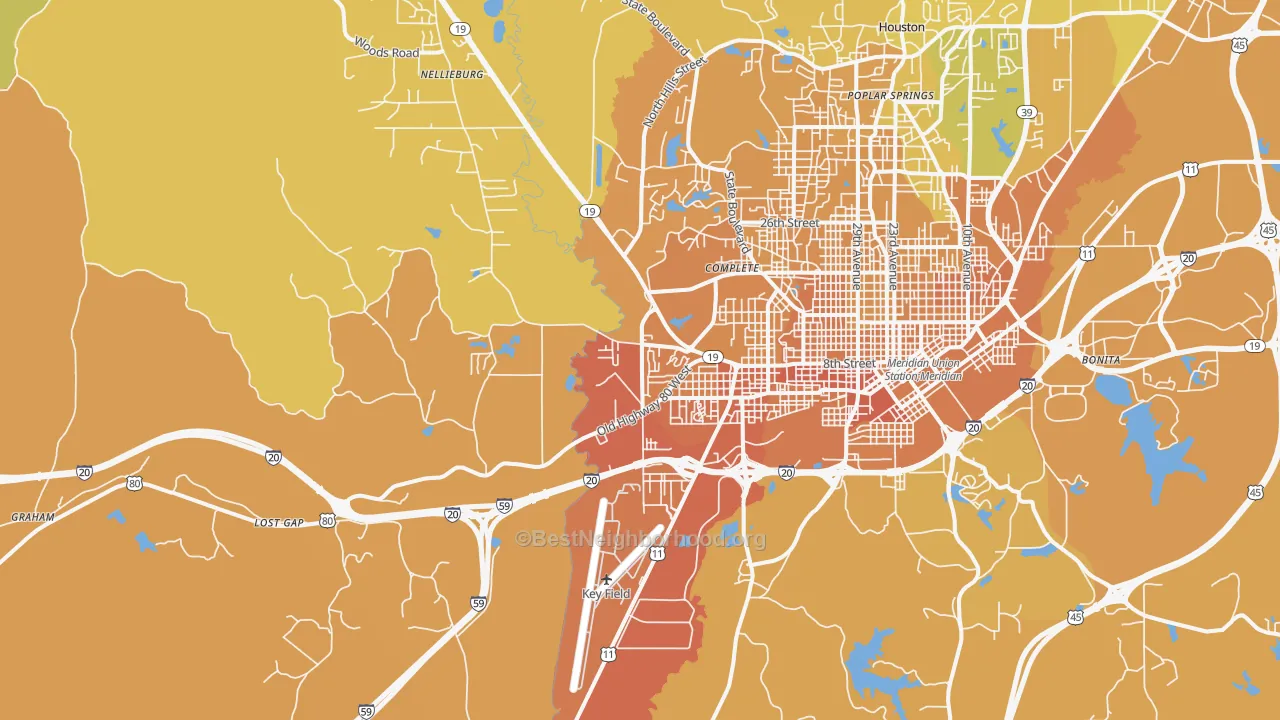 Map of the best neighborhoods in the 39307 area, with better matches in green and worse matches in red