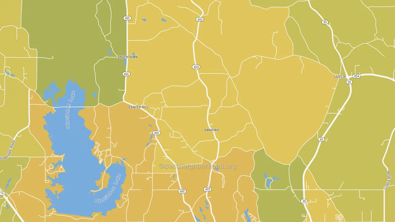 Map of the best neighborhoods in the 39320 area, with better matches in green and worse matches in red