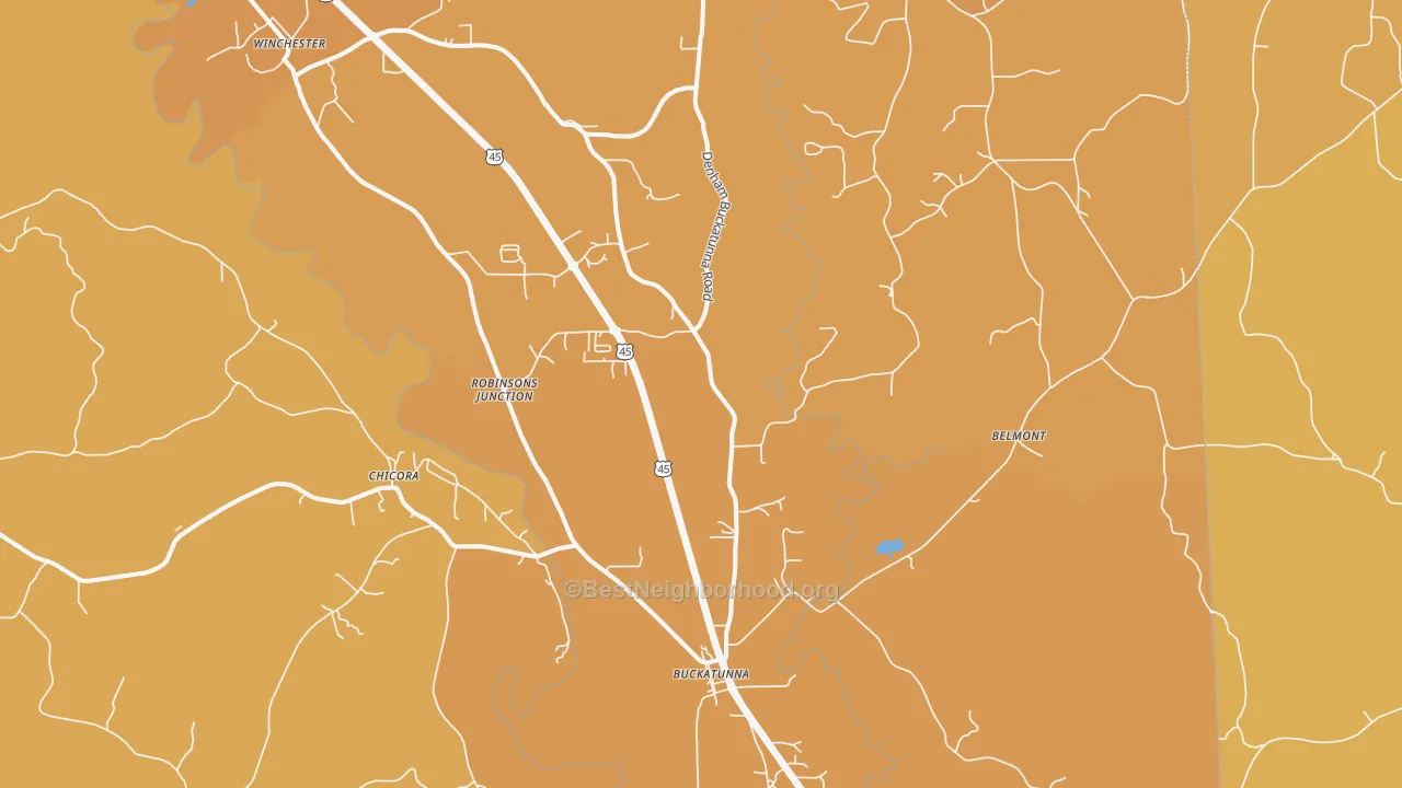 Map of the best neighborhoods in the 39322 area, with better matches in green and worse matches in red
