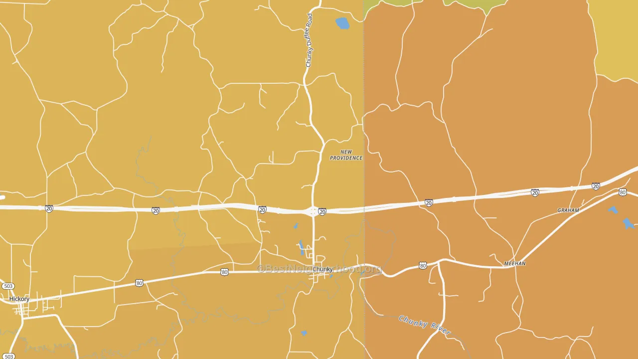 Map of the best neighborhoods in the 39323 area, with better matches in green and worse matches in red