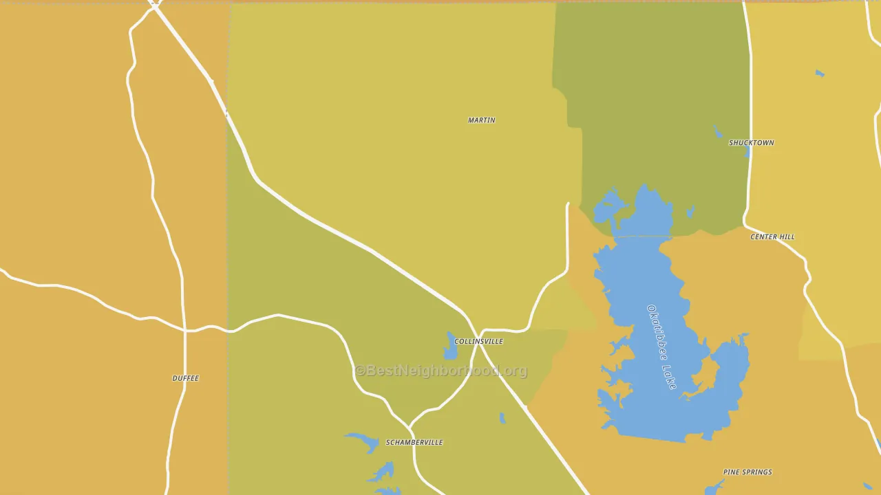 Map of the best neighborhoods in the 39325 area, with better matches in green and worse matches in red