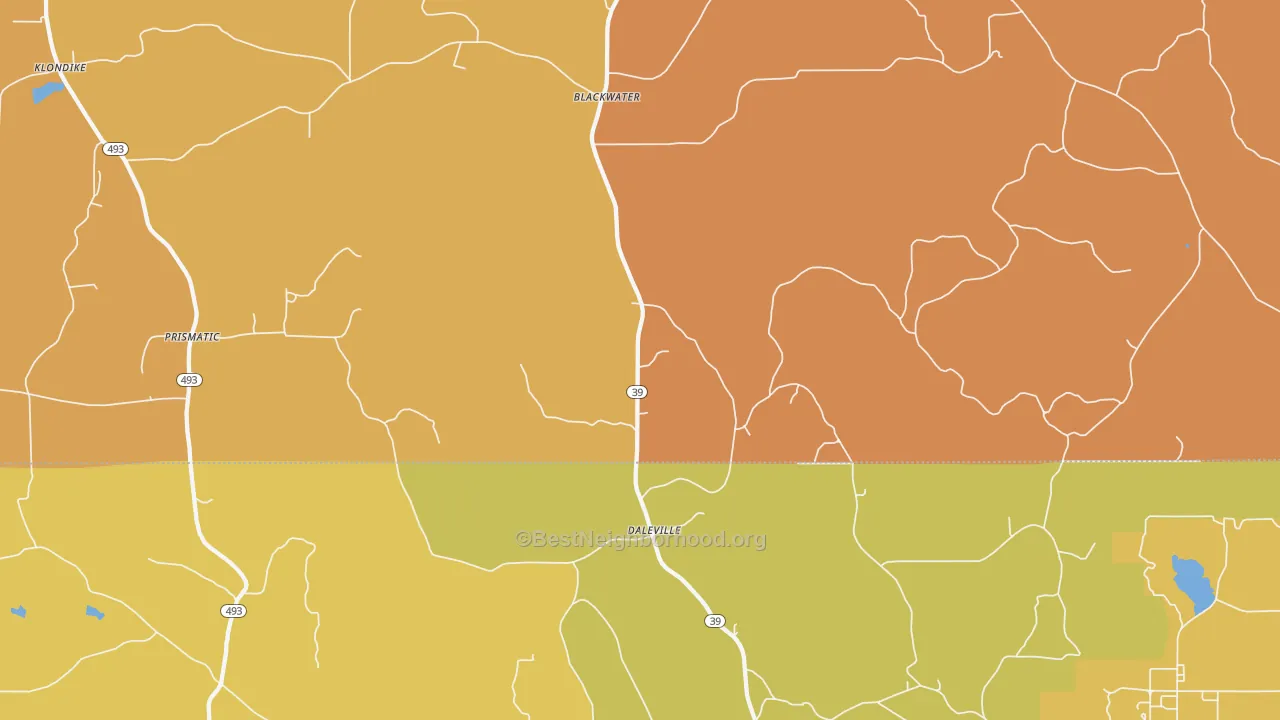 Map of the best neighborhoods in the 39326 area, with better matches in green and worse matches in red