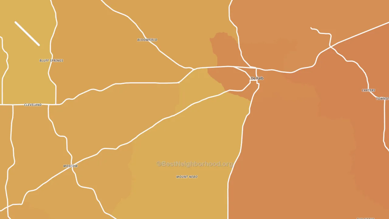 Map of the best neighborhoods in the 39328 area, with better matches in green and worse matches in red