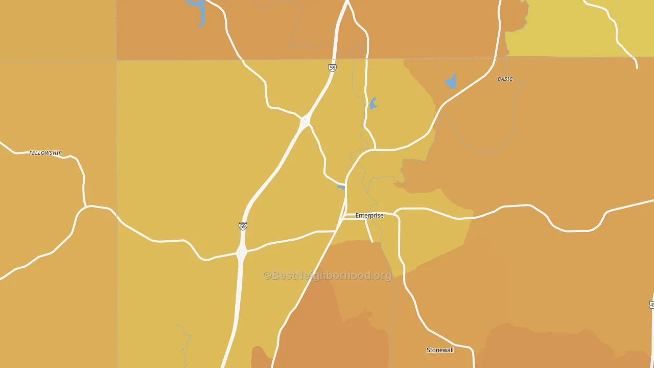 Map of the best neighborhoods in the 39330 area, with better matches in green and worse matches in red