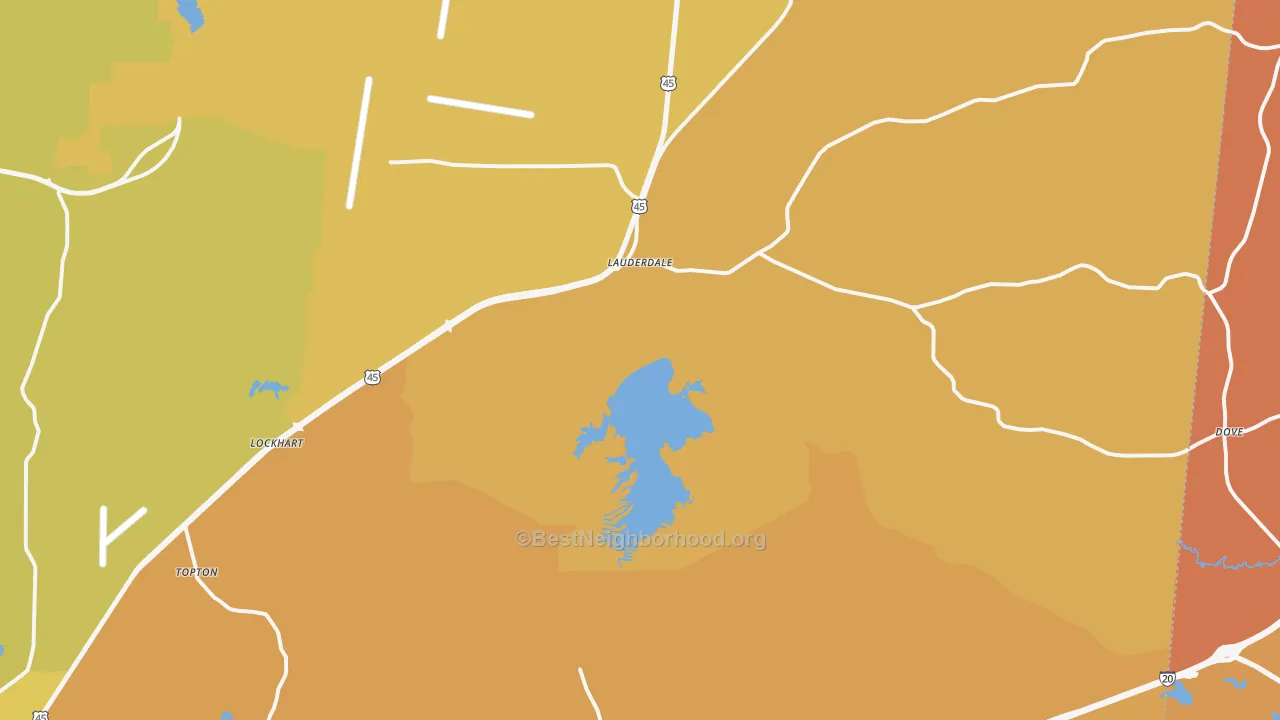 Map of the best neighborhoods in the 39335 area, with better matches in green and worse matches in red