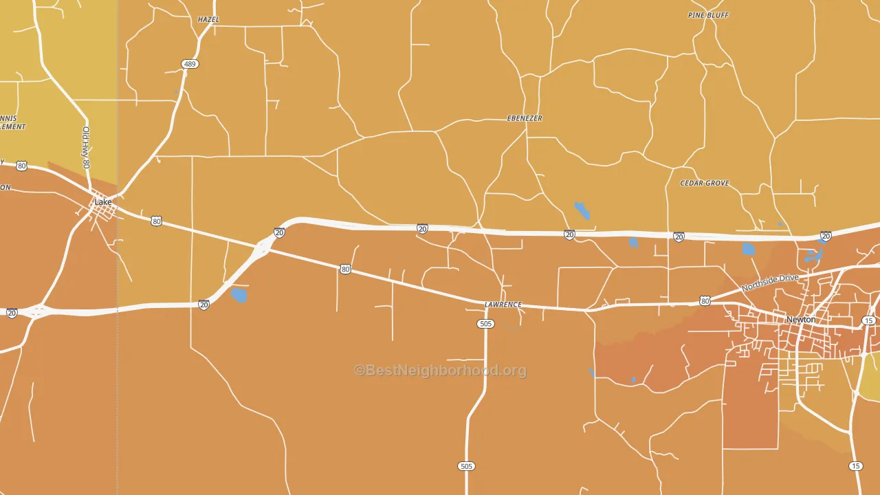 Map of the best neighborhoods in the 39336 area, with better matches in green and worse matches in red