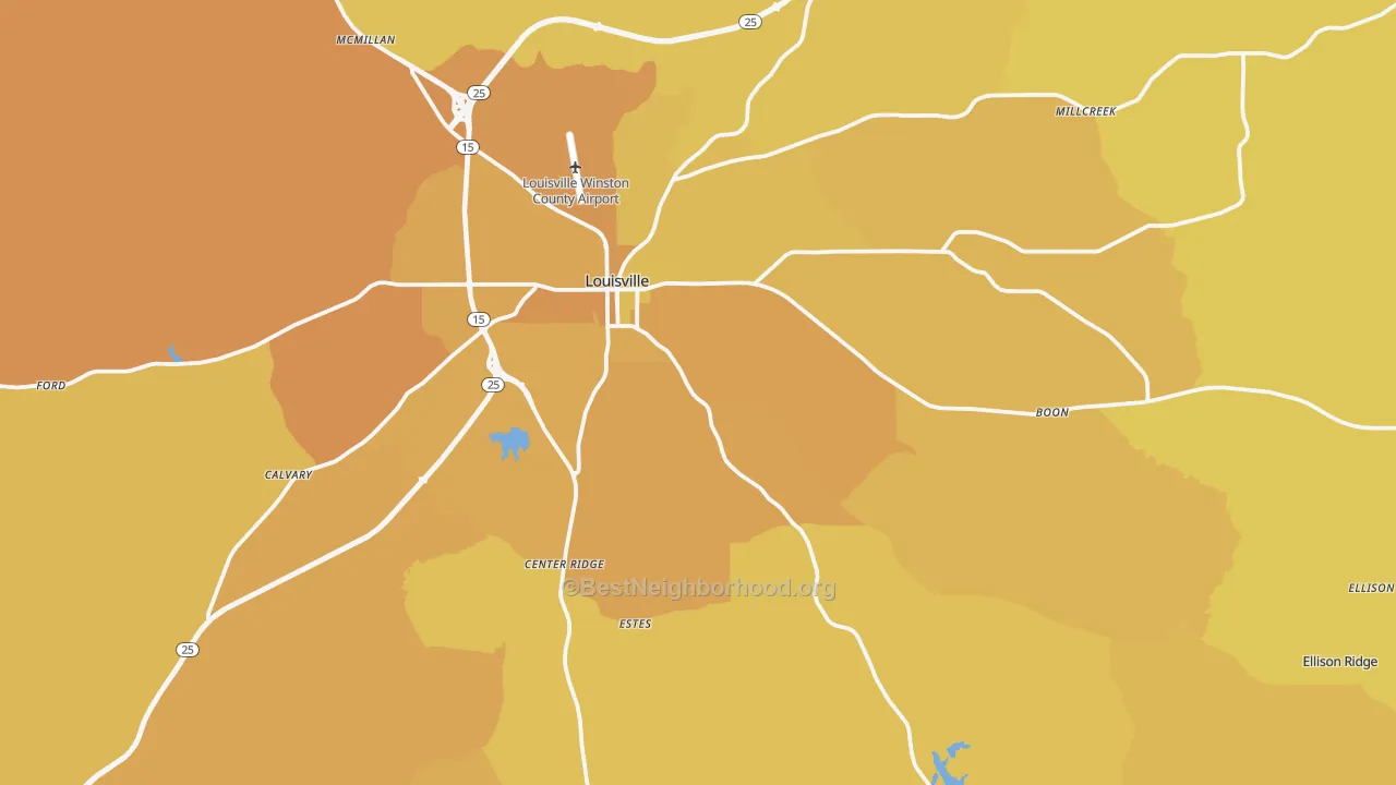 Map of the best neighborhoods in the 39339 area, with better matches in green and worse matches in red