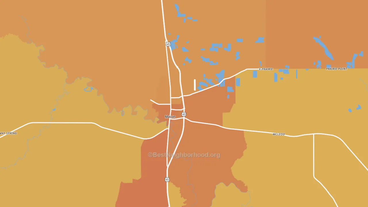 Map of the best neighborhoods in the 39341 area, with better matches in green and worse matches in red