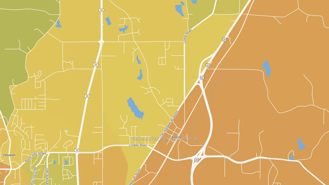Map of the best neighborhoods in the 39342 area, with better matches in green and worse matches in red