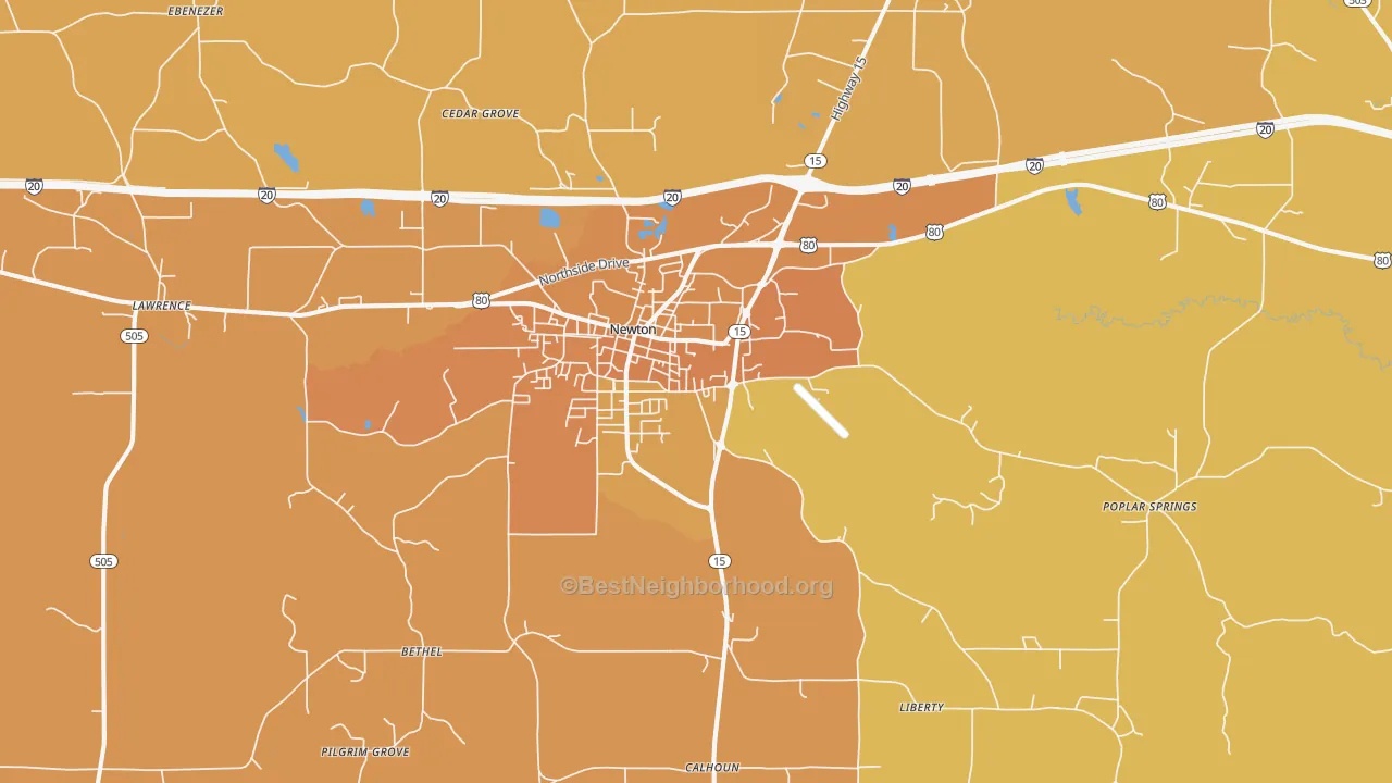Map of the best neighborhoods in the 39345 area, with better matches in green and worse matches in red