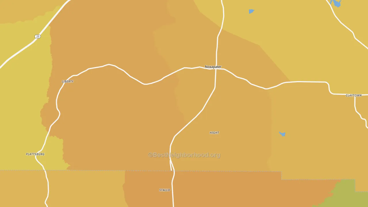 Map of the best neighborhoods in the 39346 area, with better matches in green and worse matches in red