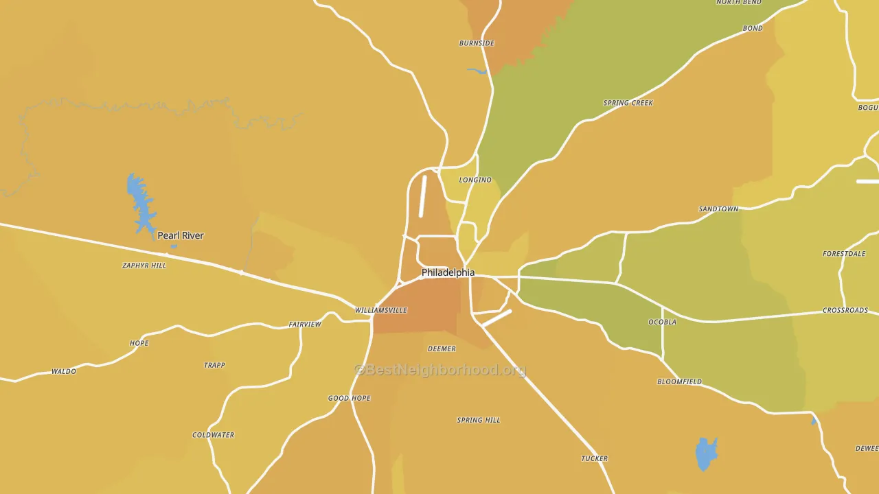 Map of the best neighborhoods in the 39350 area, with better matches in green and worse matches in red