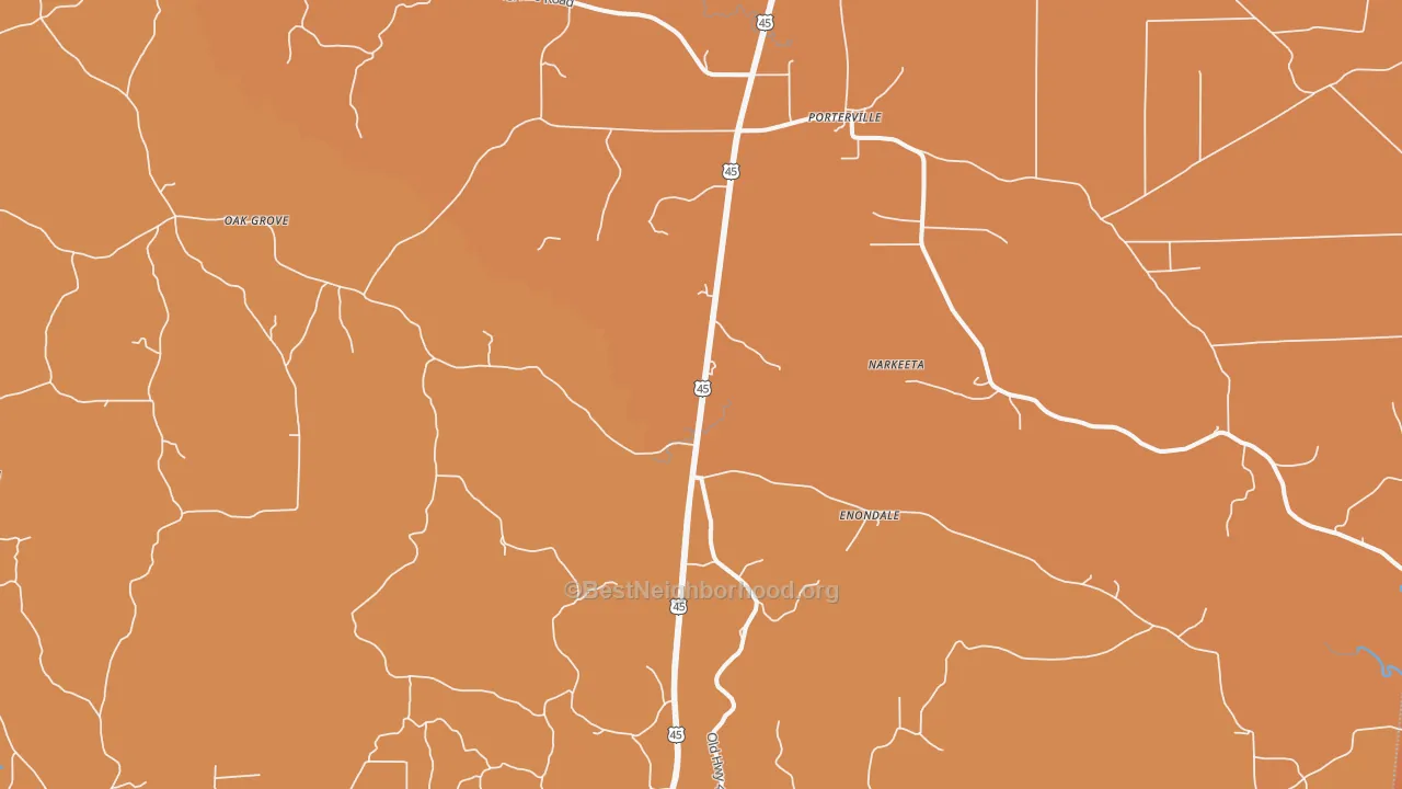 Map of the best neighborhoods in the 39352 area, with better matches in green and worse matches in red