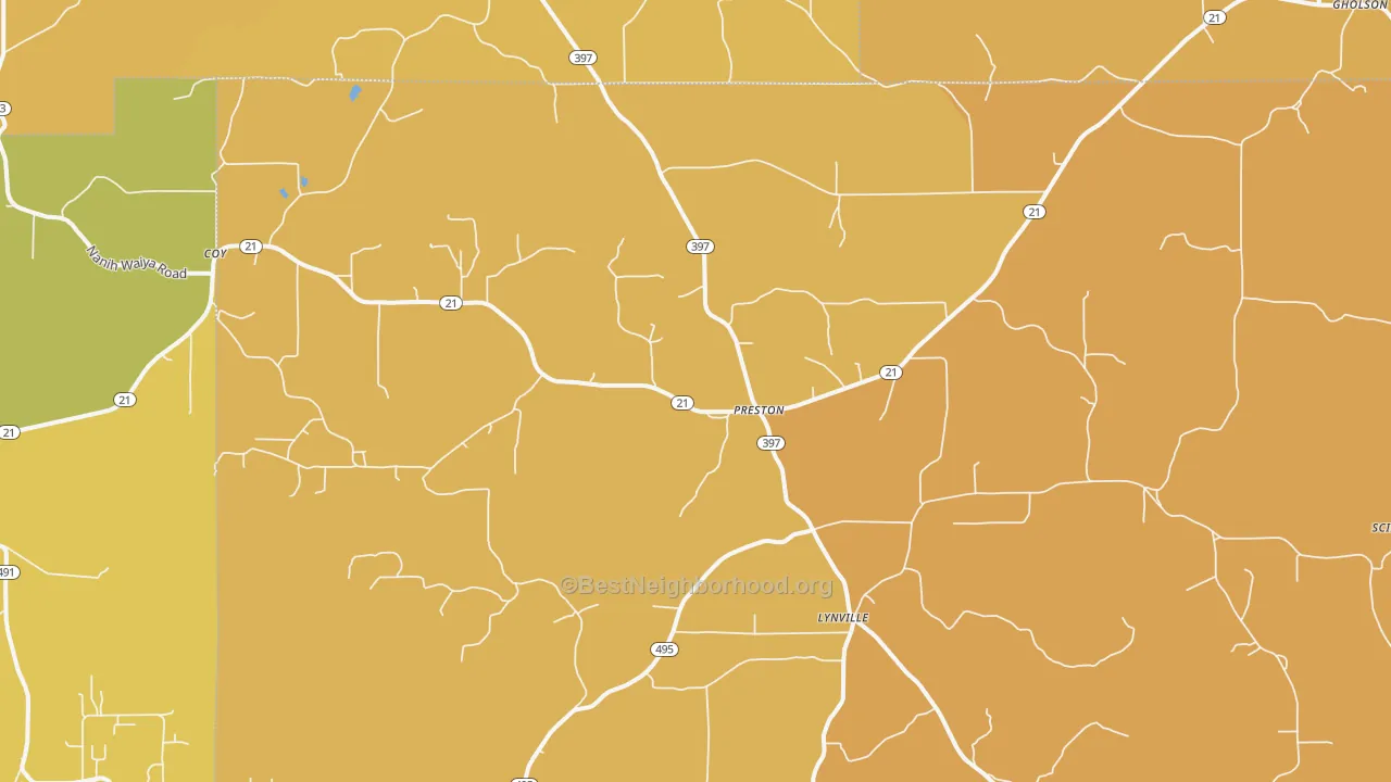Map of the best neighborhoods in the 39354 area, with better matches in green and worse matches in red