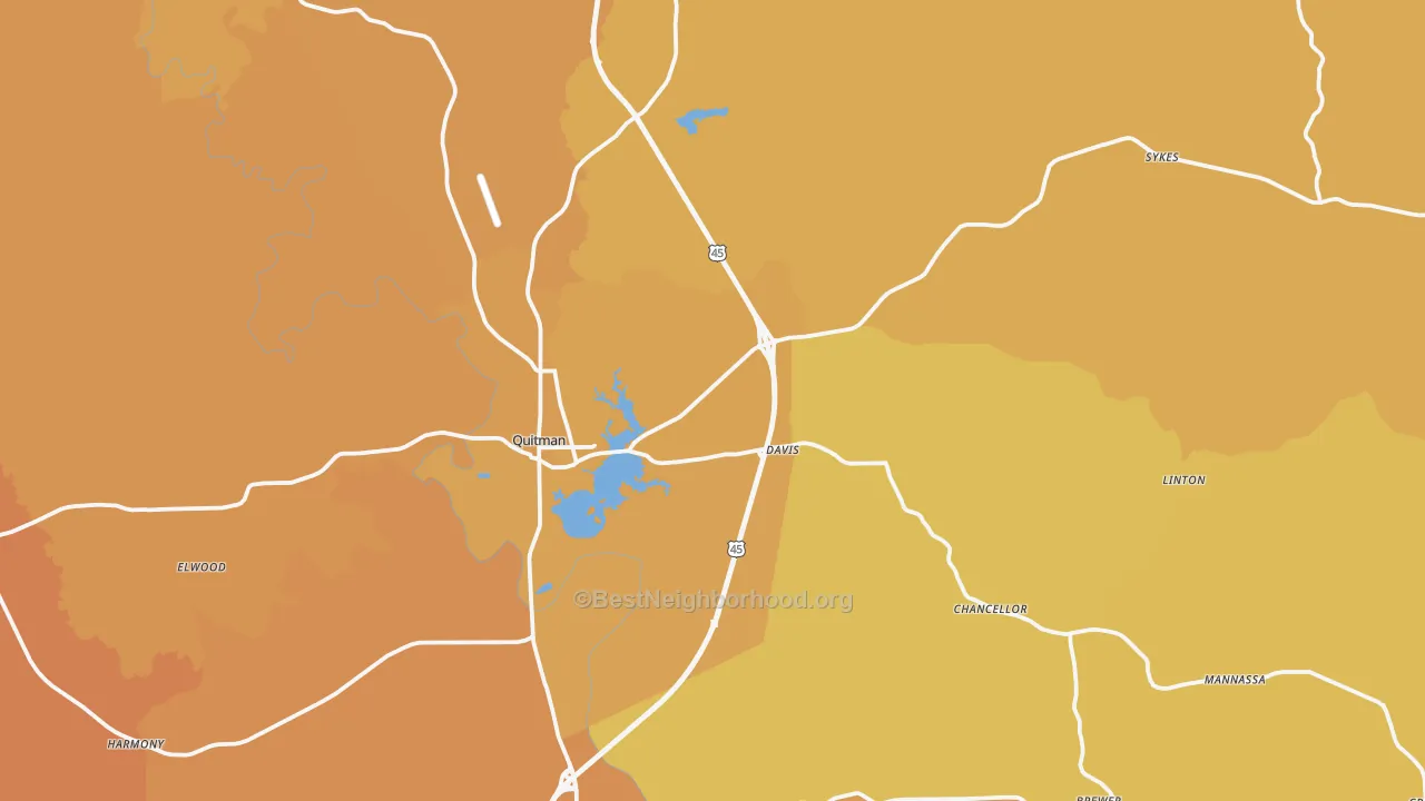 Map of the best neighborhoods in the 39355 area, with better matches in green and worse matches in red