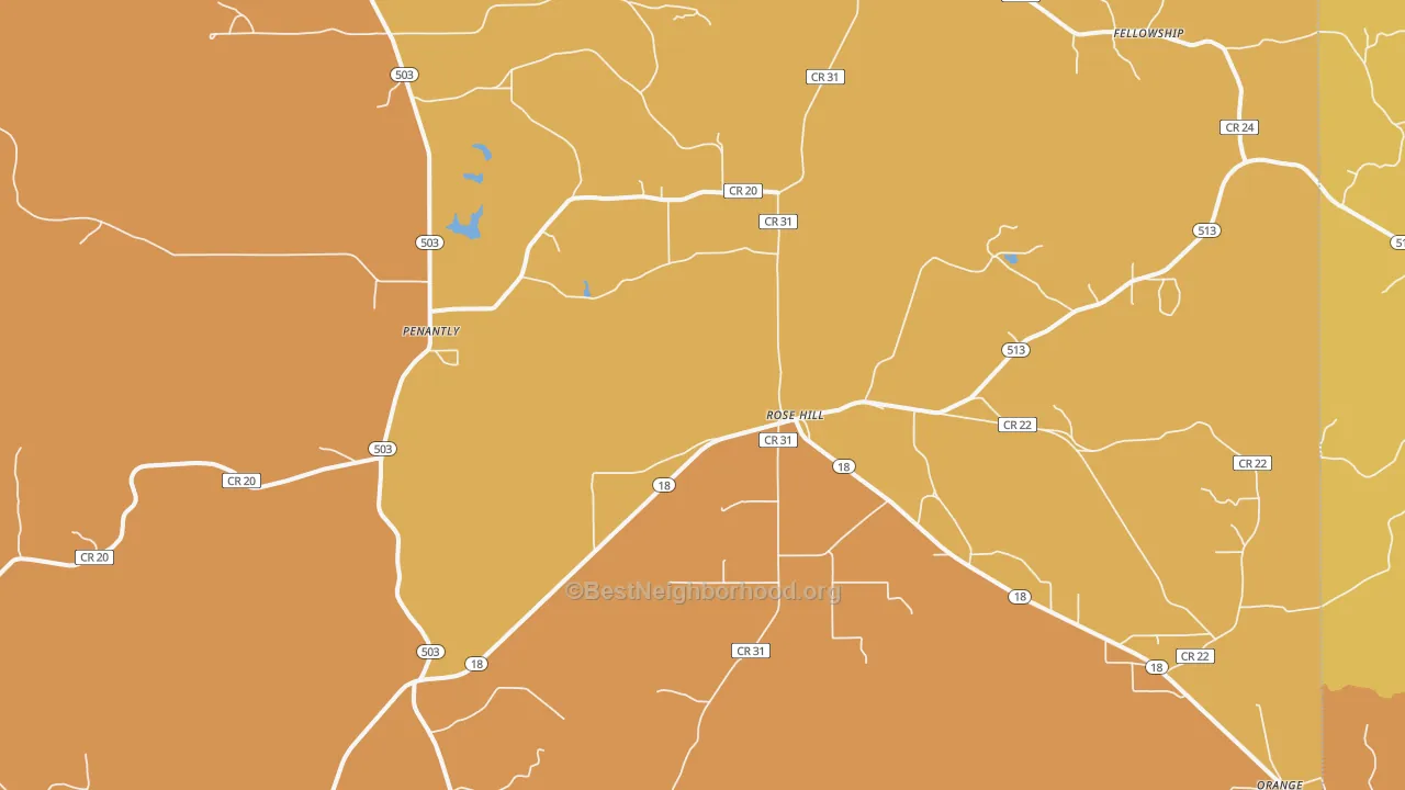 Map of the best neighborhoods in the 39356 area, with better matches in green and worse matches in red