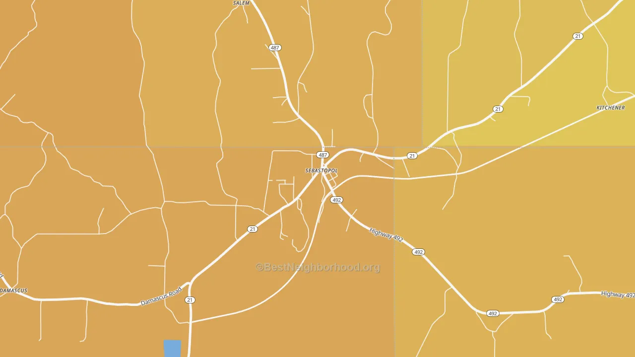 Map of the best neighborhoods in the 39359 area, with better matches in green and worse matches in red