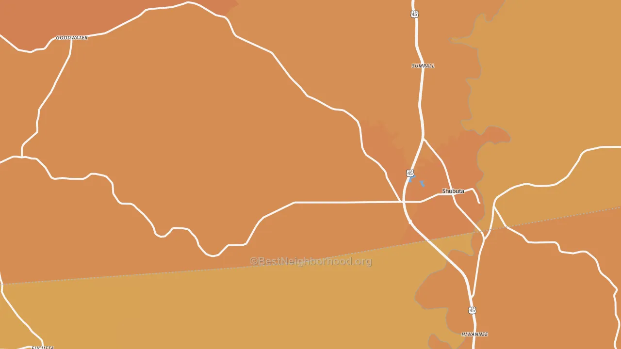 Map of the best neighborhoods in the 39360 area, with better matches in green and worse matches in red