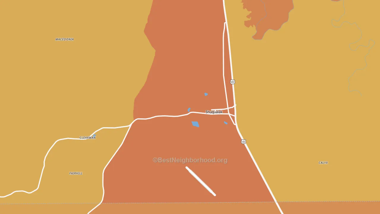 Map of the best neighborhoods in the 39361 area, with better matches in green and worse matches in red