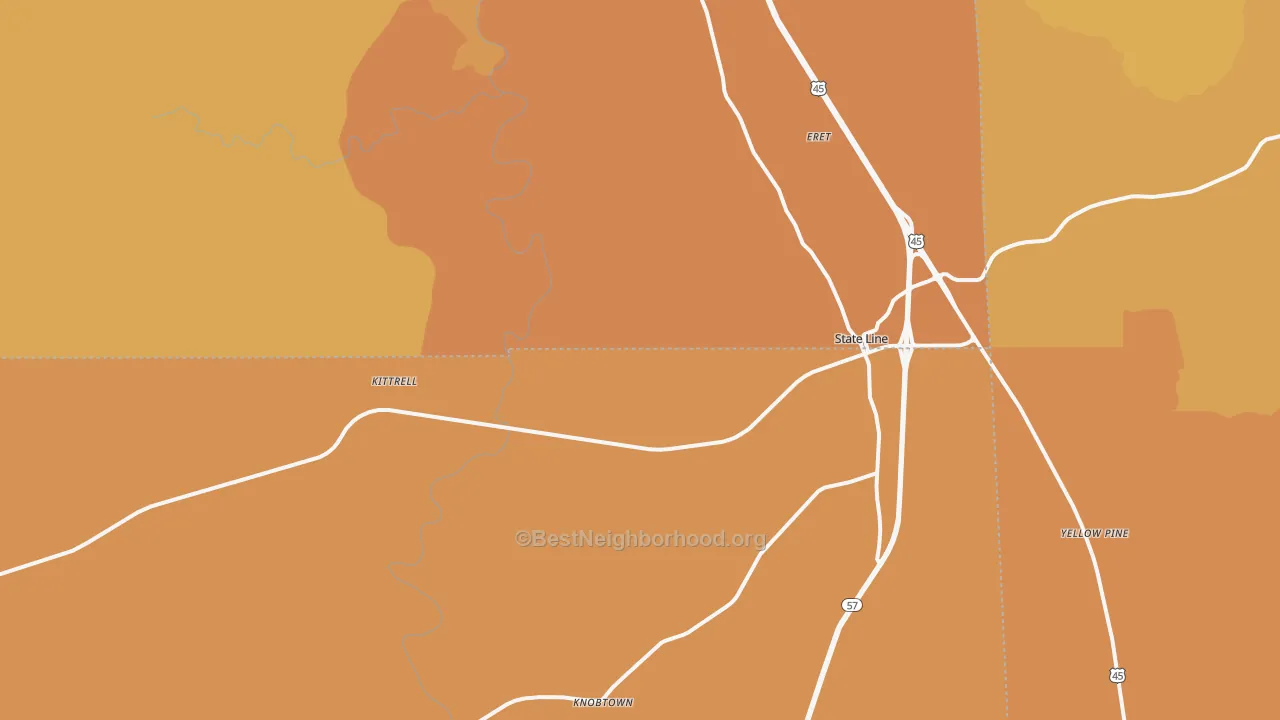 Map of the best neighborhoods in the 39362 area, with better matches in green and worse matches in red