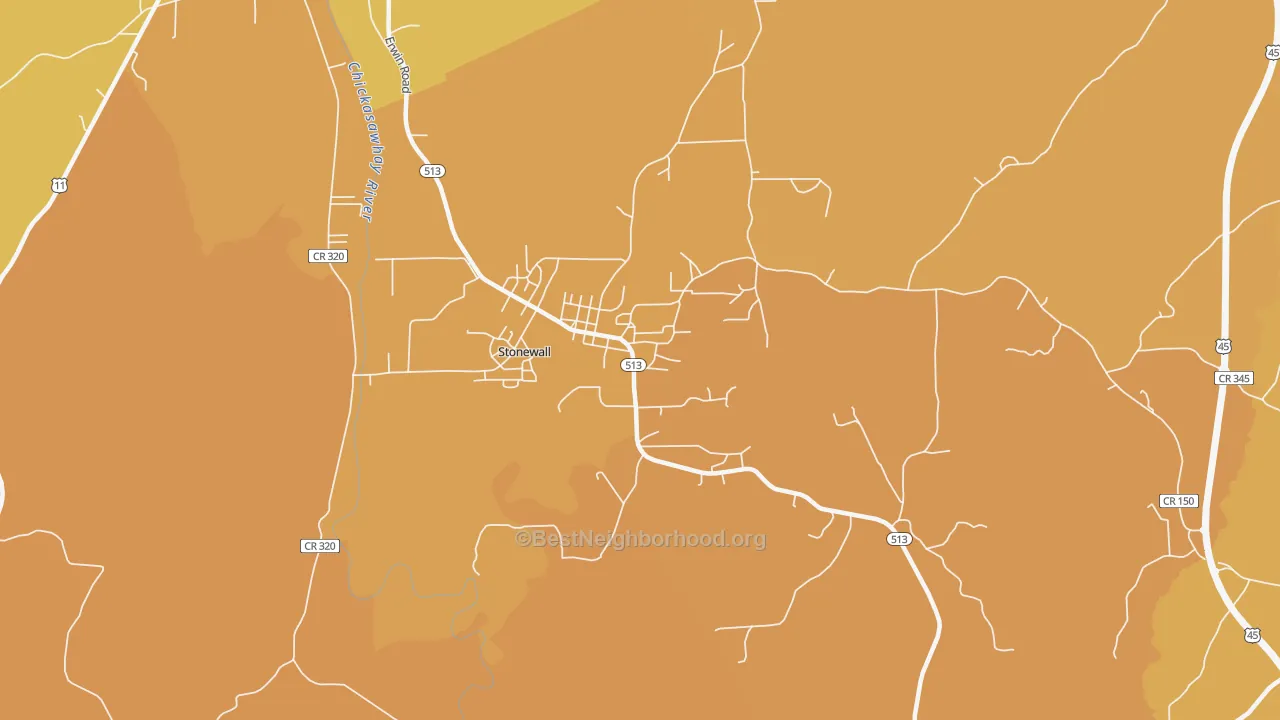 Map of the best neighborhoods in the 39363 area, with better matches in green and worse matches in red