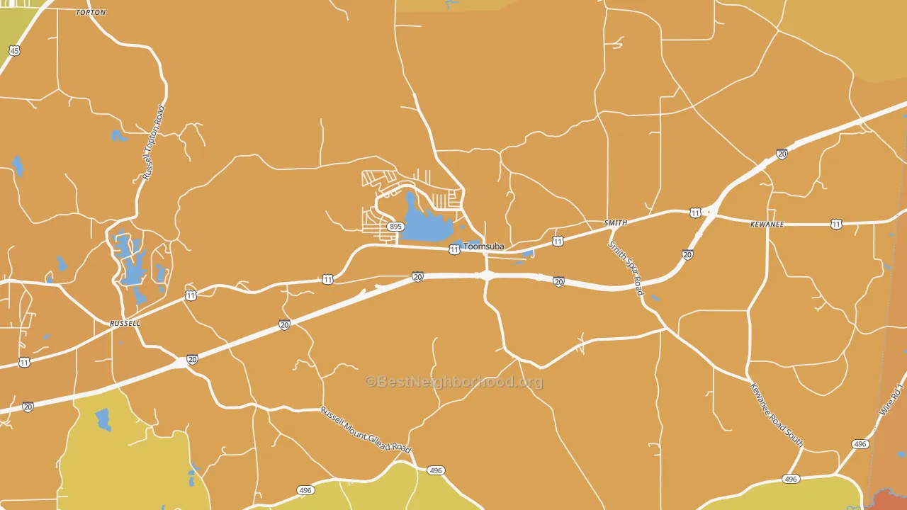 Map of the best neighborhoods in the 39364 area, with better matches in green and worse matches in red