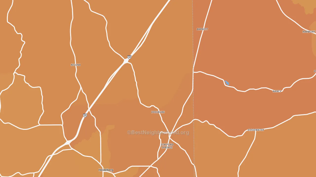 Map of the best neighborhoods in the 39366 area, with better matches in green and worse matches in red