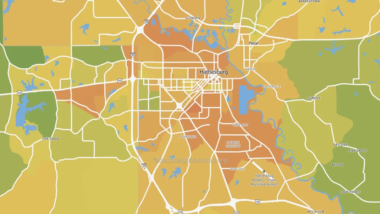 Map of the best neighborhoods in the 39401 area, with better matches in green and worse matches in red