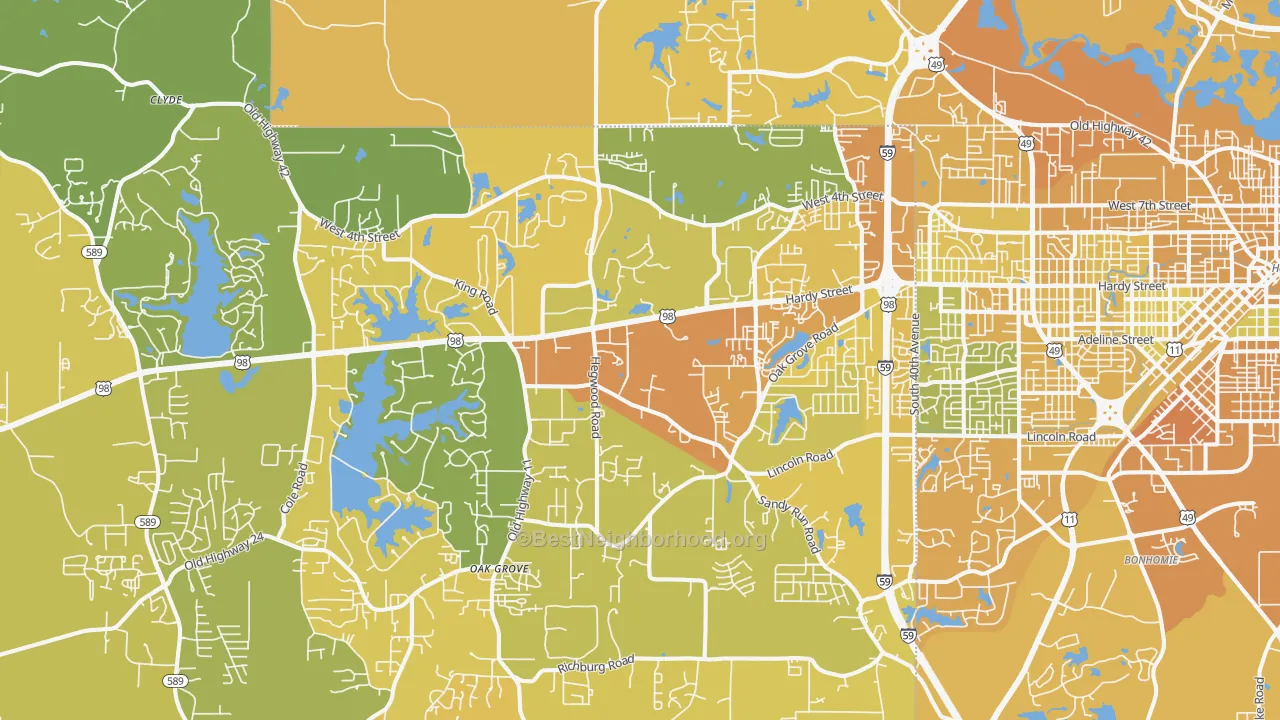 Map of the best neighborhoods in the 39402 area, with better matches in green and worse matches in red