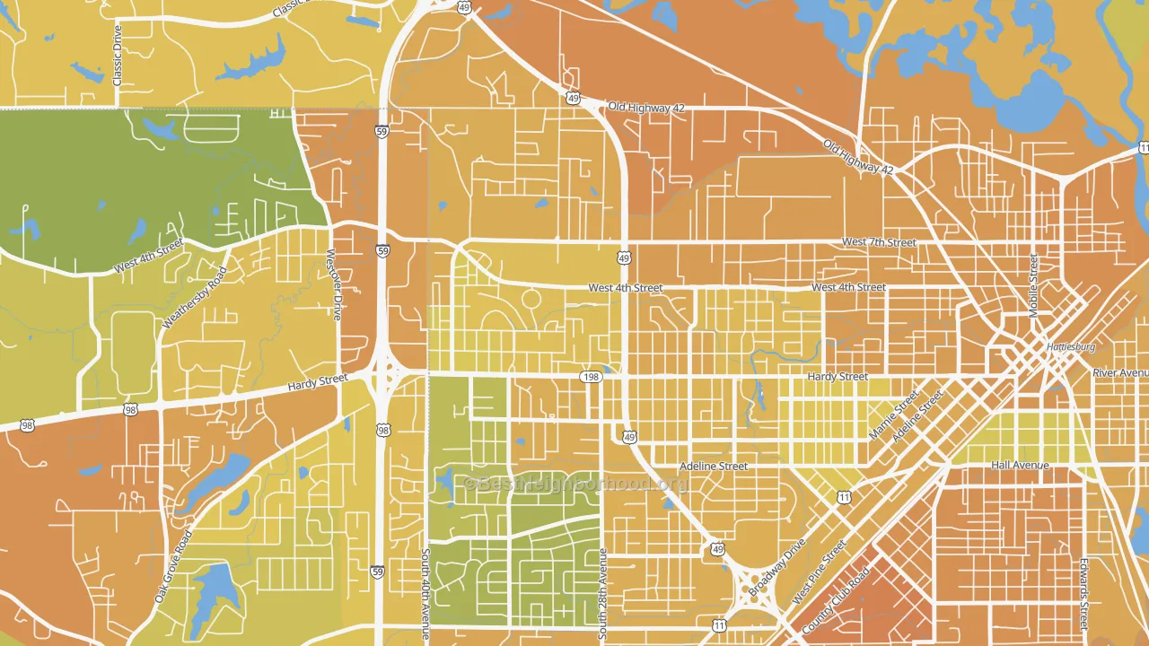 Map of the best neighborhoods in the 39406 area, with better matches in green and worse matches in red