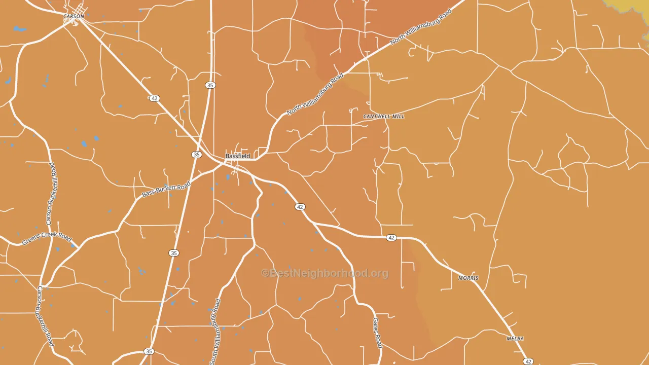 Map of the best neighborhoods in the 39421 area, with better matches in green and worse matches in red