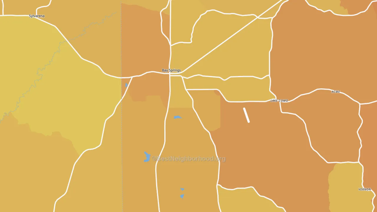 Map of the best neighborhoods in the 39422 area, with better matches in green and worse matches in red