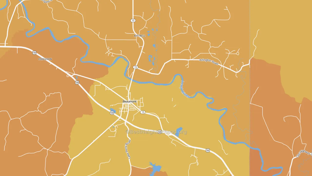 Map of the best neighborhoods in the 39423 area, with better matches in green and worse matches in red