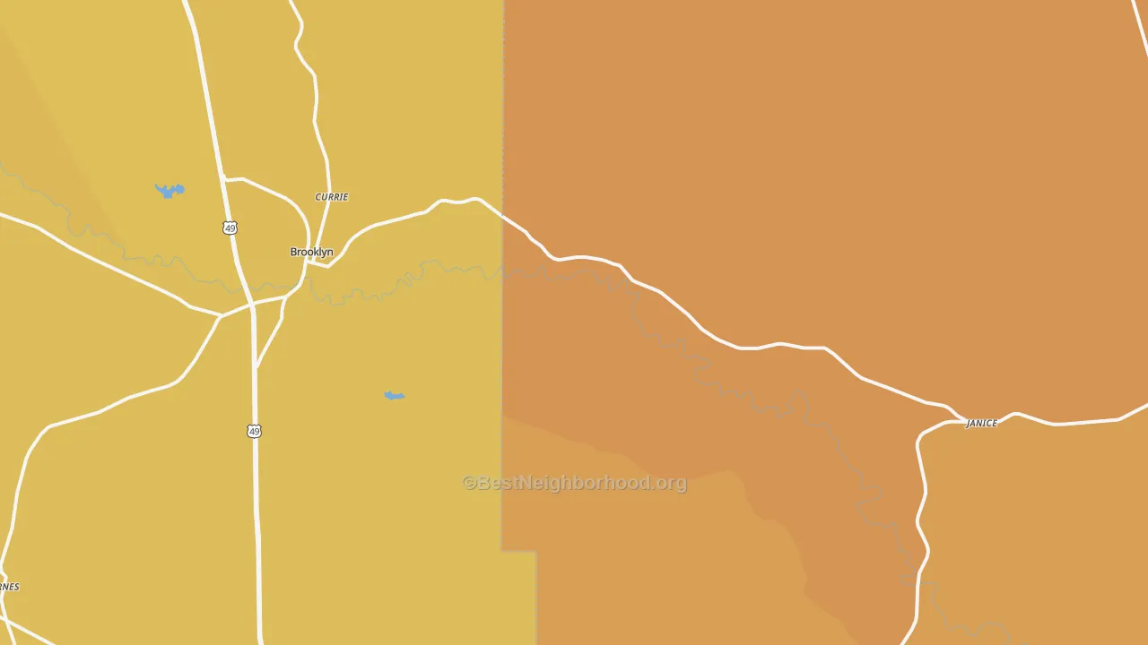 Map of the best neighborhoods in the 39425 area, with better matches in green and worse matches in red