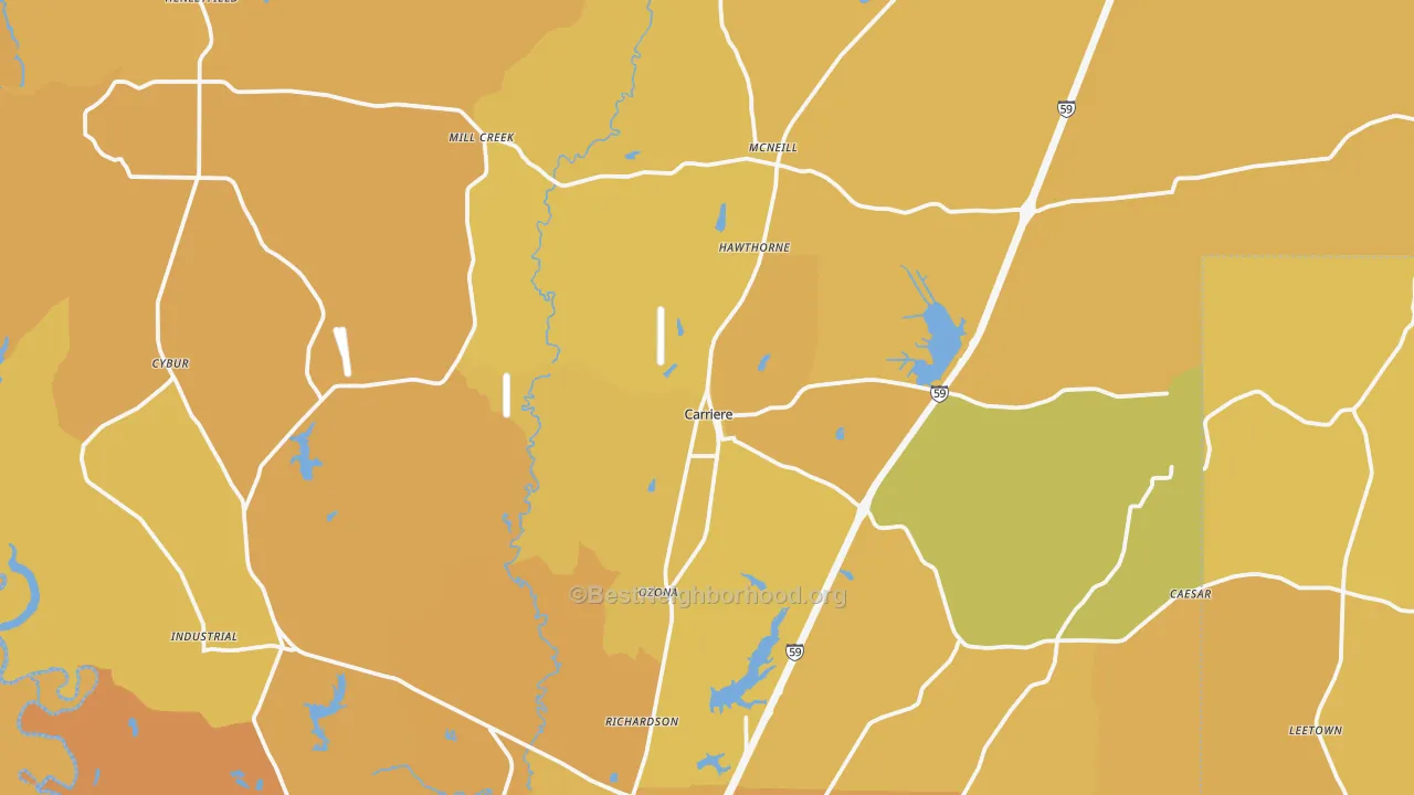Map of the best neighborhoods in the 39426 area, with better matches in green and worse matches in red