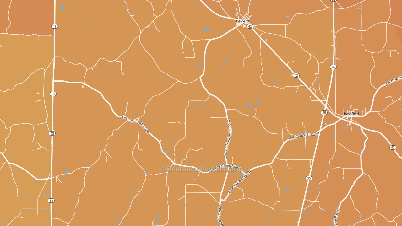 Map of the best neighborhoods in the 39427 area, with better matches in green and worse matches in red