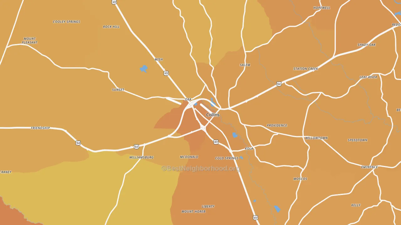 Map of the best neighborhoods in the 39428 area, with better matches in green and worse matches in red