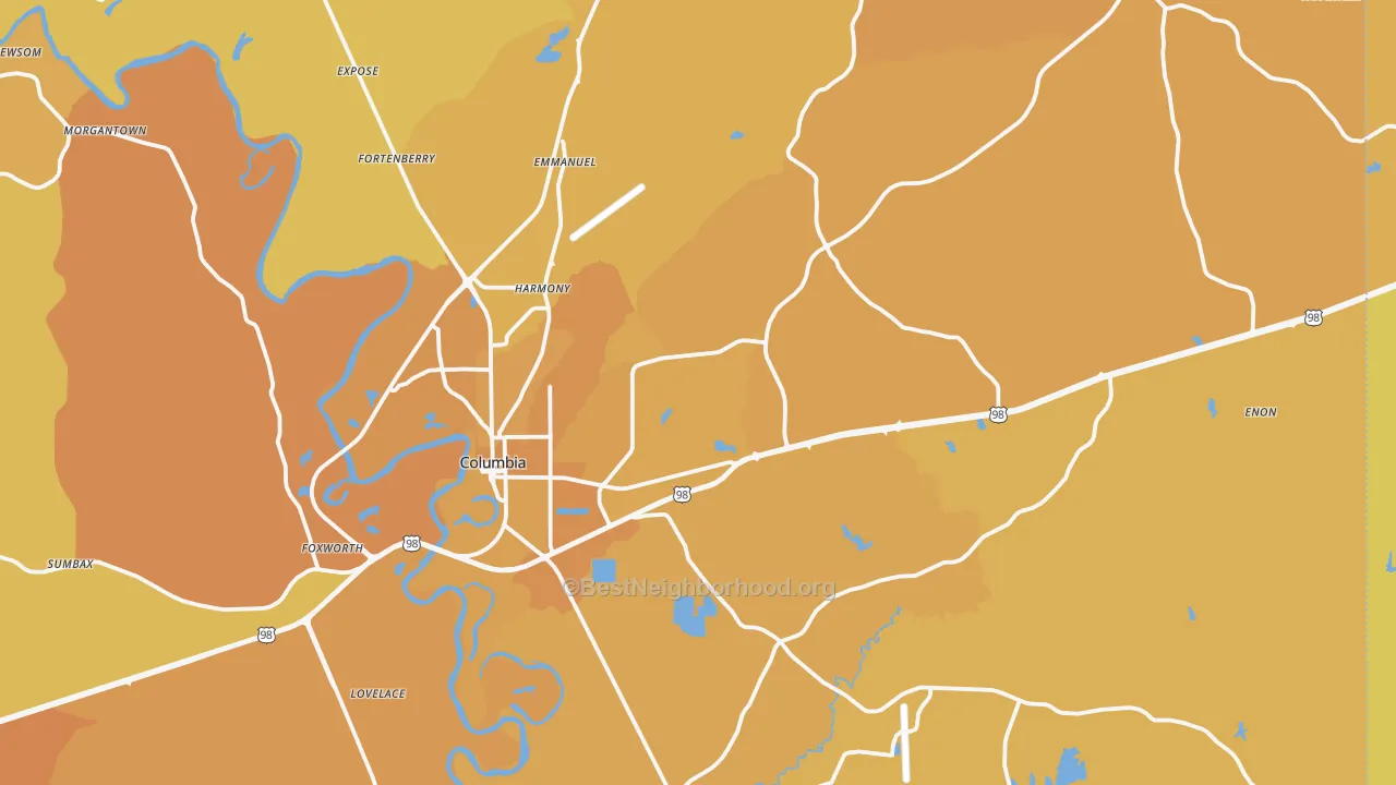 Map of the best neighborhoods in the 39429 area, with better matches in green and worse matches in red