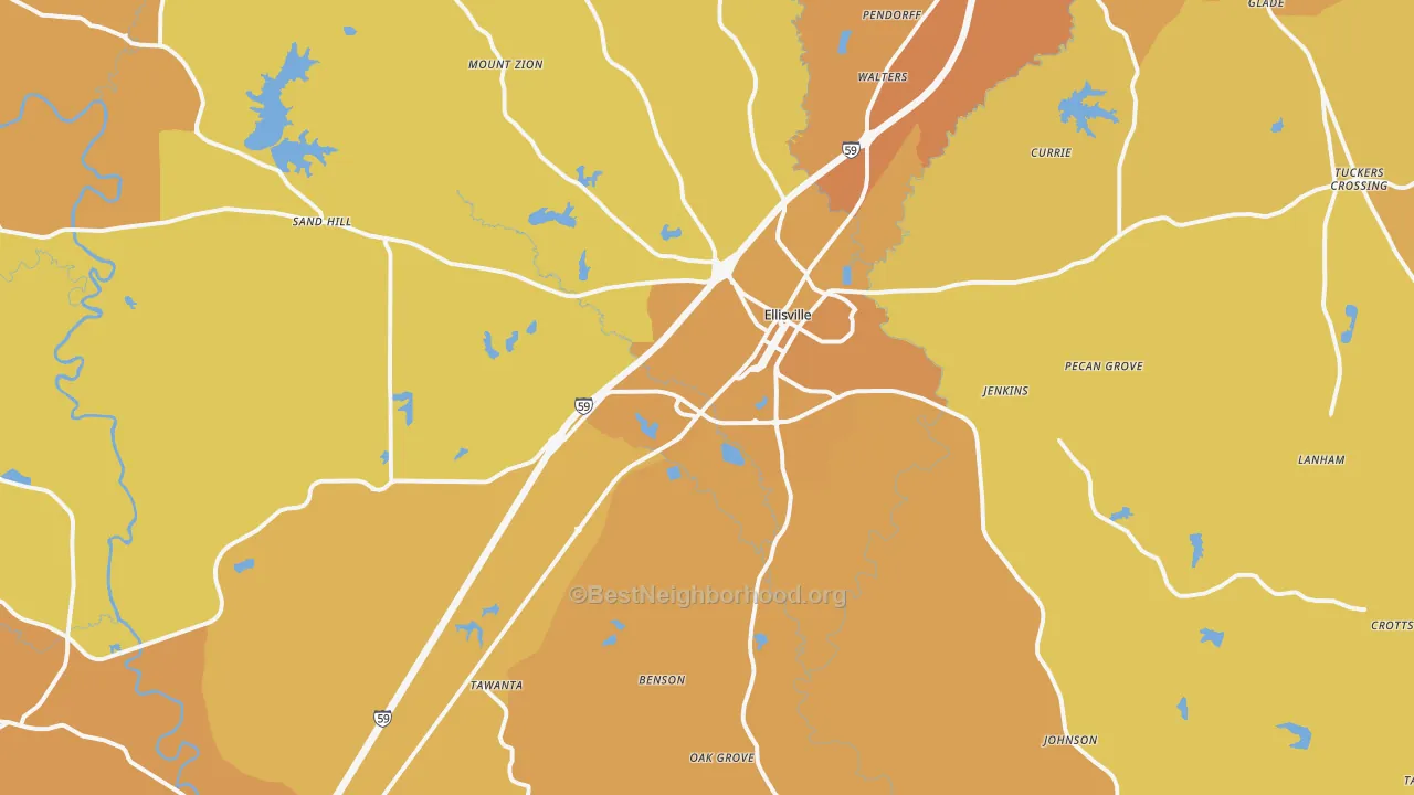 Map of the best neighborhoods in the 39437 area, with better matches in green and worse matches in red