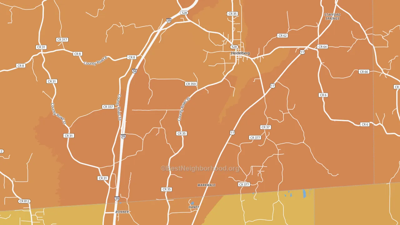 Map of the best neighborhoods in the 39439 area, with better matches in green and worse matches in red