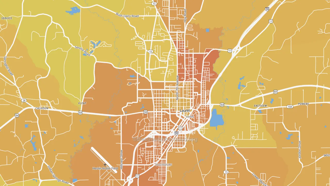 Map of the best neighborhoods in the 39440 area, with better matches in green and worse matches in red