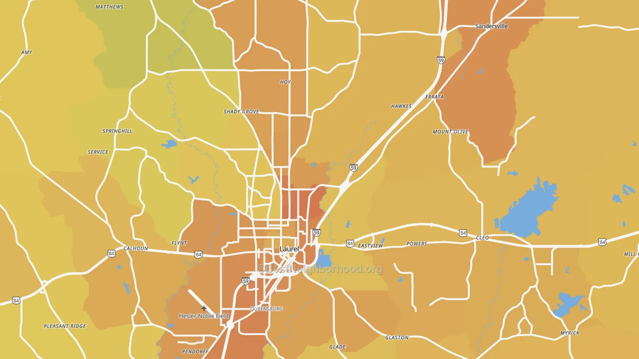 Map of the best neighborhoods in the 39443 area, with better matches in green and worse matches in red